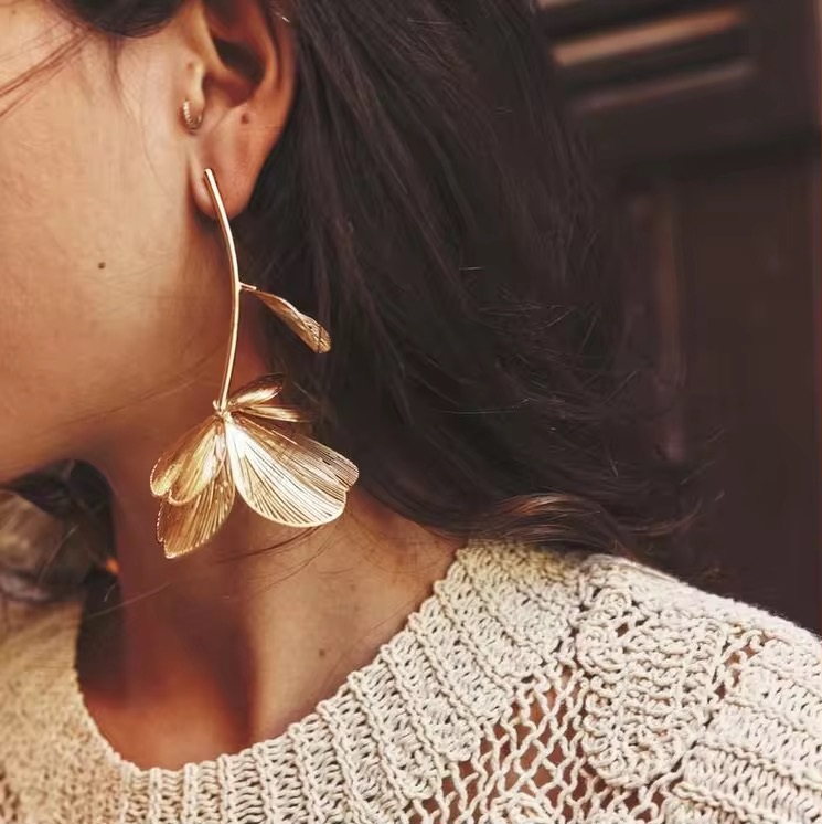 Metal Textured Flower Large Earrings